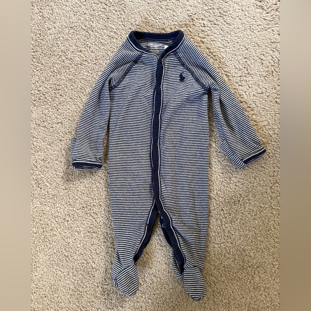 Polo by Ralph Lauren Navy & White Striped Footed One-Piece 3m